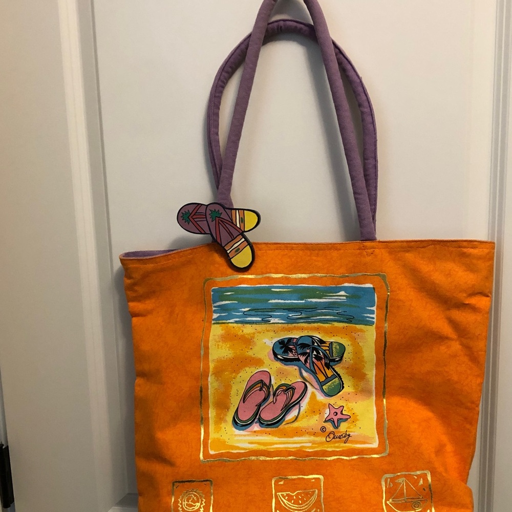 Ann Ormsby Large Orange & Purple Boho Beach Print with Flip Flop Accents